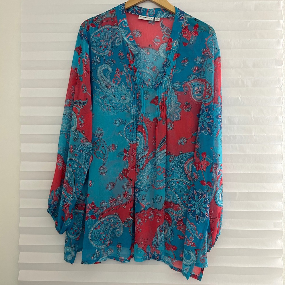 Susan Graver Sport Paisley Chiffon Tunic Top Blue Pink Pleated V Neck 2X Travel